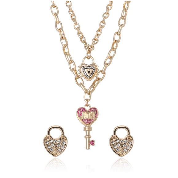 Juicy Couture Jewelry - Juicy Couture Gold and Pink Heart Lock & Key Necklace Set